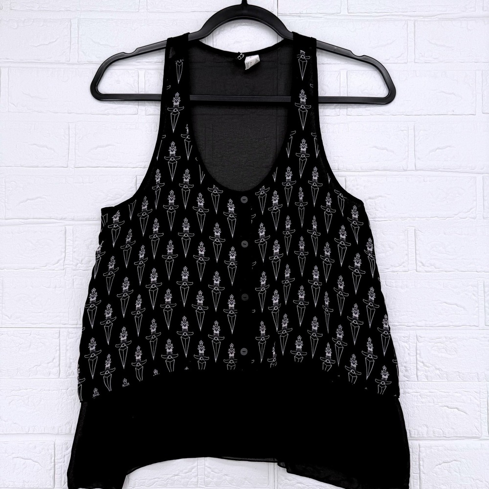 Divided H&M Tank Top Women Size 4 Black Dagger Print Button Front Racerback Edgy